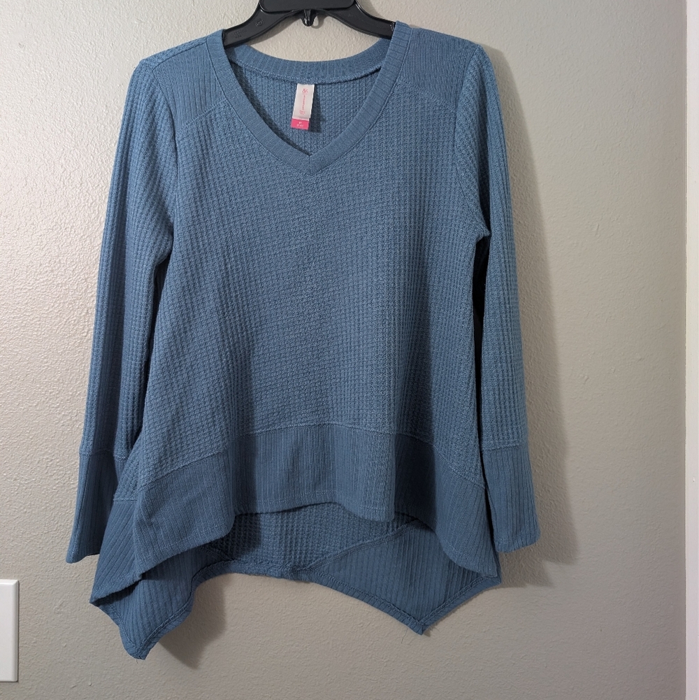 No Boundaries Long Sleeve Top Waffle Knit Blue